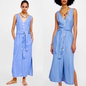 Zara Chambray Button Front Tie Waist Midi Dress Size Small